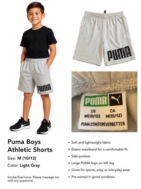 Puma Light Gray Boys Athletic Shorts with Black Logo